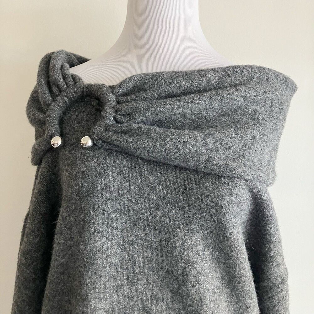 Zara Off Shoulder Sweater Sz Medium Charcoal Gray Metal Ring Quiet Luxury - Picture 4 of 8